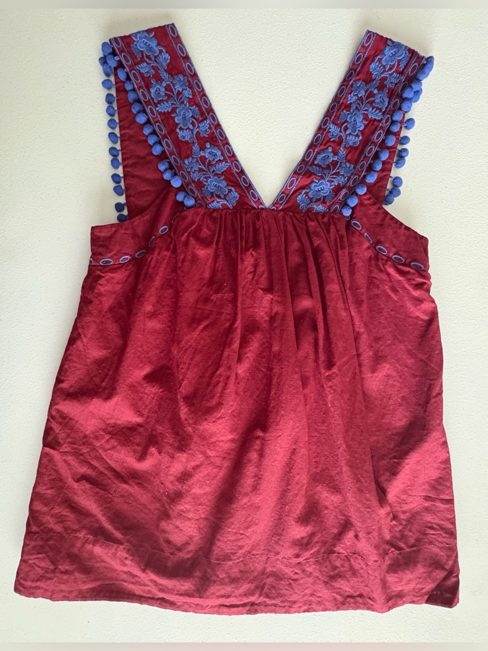 Size‎ 2 J. Crew Cranberry Blue Embroidered Pom Pom Sleeveless Cotton Top